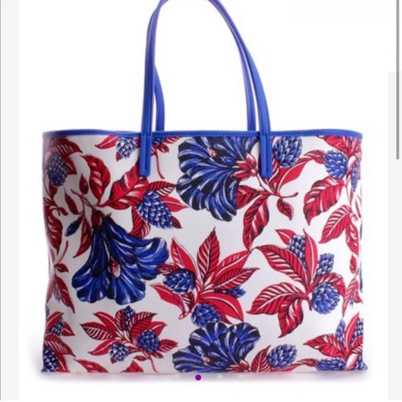 Tory Burch Blue Floral Kerrington Leather Tote EUC $180 $298   20”w x 12”h x 6”d - Picture 2 of 10